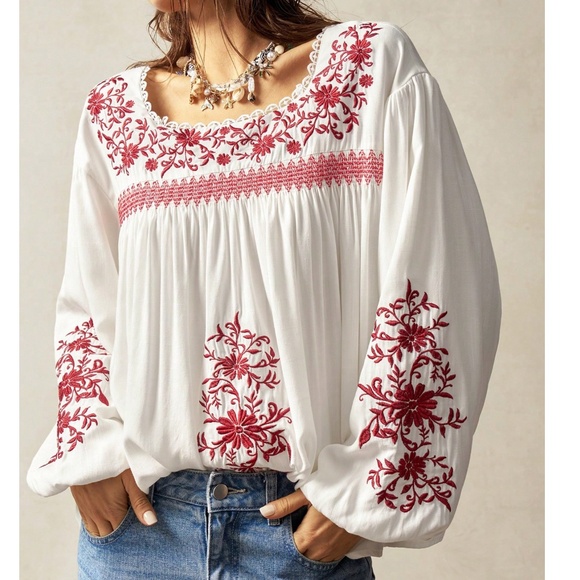 Plus Boho Floral Embroidered Square Neck Flounce Sleeve Blouse - Picture 4 of 6